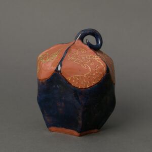 thumbnail of Jar with sgraffito by artist Mackenzie Dimick. low fire clay and glaze, 2022. 6.5x5x5 inches