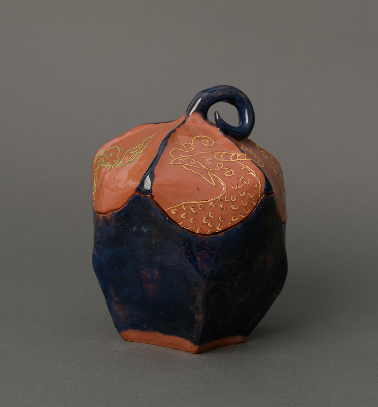 thumbnail of Jar with sgraffito by artist Mackenzie Dimick. low fire clay and glaze, 2022. 6.5x5x5 inches