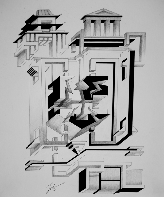 thumbnail of Abstract Architecture by artist Jigdrel Dhendup. Graphite and ink on paper, 2022. 17x14 inches